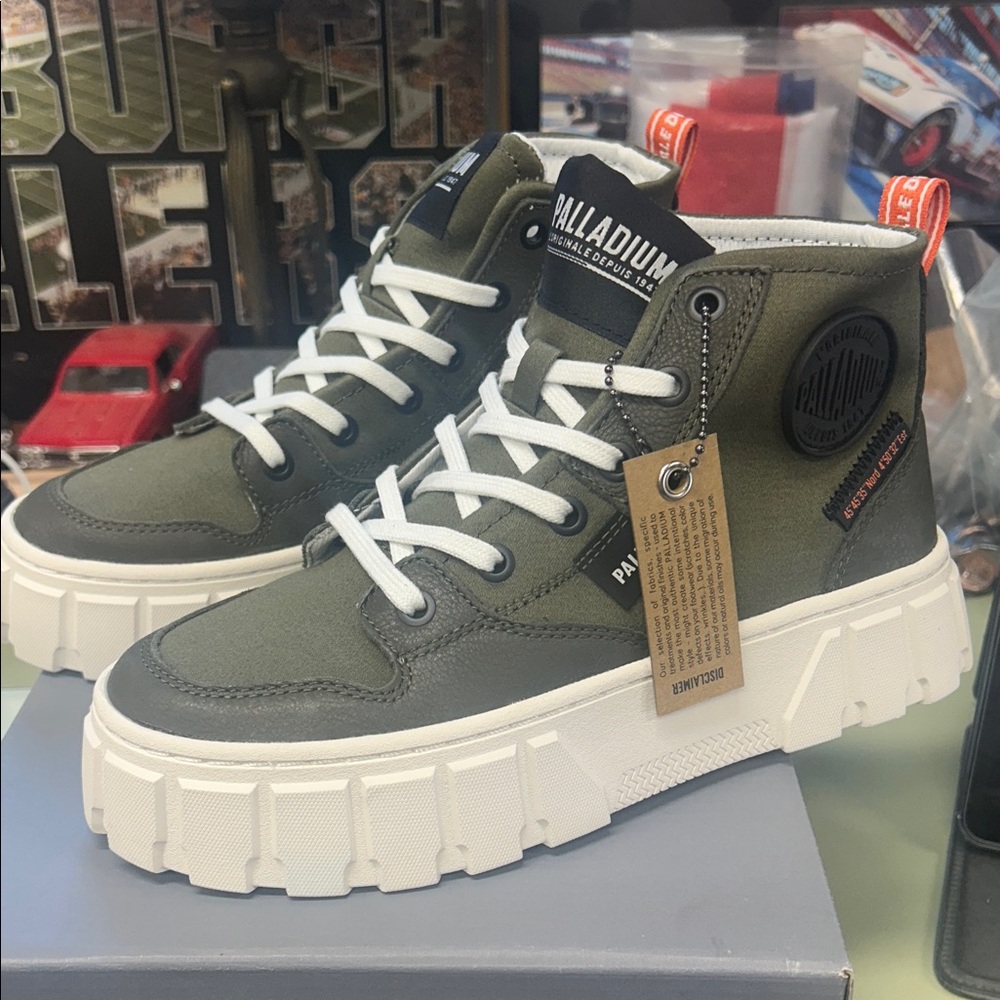 Palladium Olive and White High-Top Sneakers